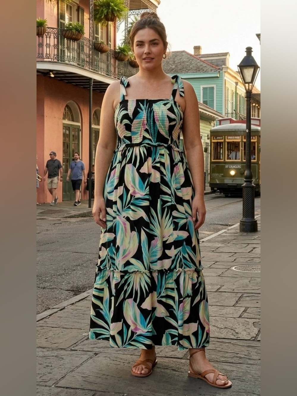 Torrid Tropical Print Tie Strap Smocked Midi Dress Size 00/Med Black Pink Teal